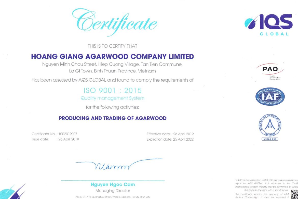 ISO 9001: 2015 Quality Management Certificate of Hoang Giang Agarwood Co.,Ltd